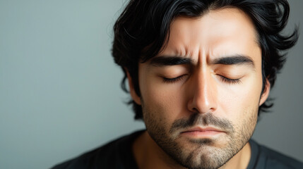 Obraz premium Unhappy man with black hair who feels ashamed and has his eyes closed.