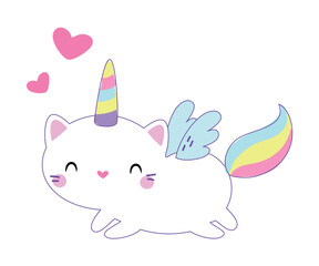 Cat Unicorn Character with Rainbow Tail and Horn Vector Illustration