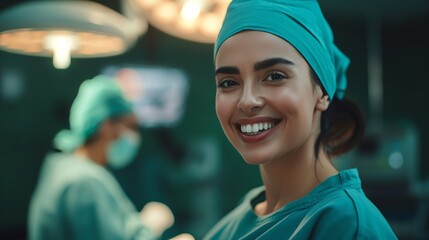 Fototapeta premium Smiling female surgeon in surgical uniform at operating room