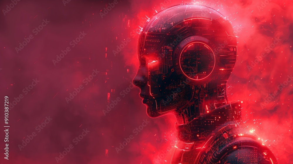 Poster futuristic red-hued robot profile with glowing features surrounded by digital patterns at dusk