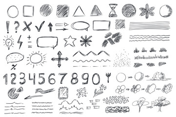 Geometric shapes mega set elements in hand drawn flat graphic design. Bundle objects of circles, squares, triangles, flowers, marks, cross, tick, arrows, speech bubble and other. Vector illustration.