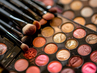 Close-up view of various women's makeup palettes and brushes neatly arranged for use.