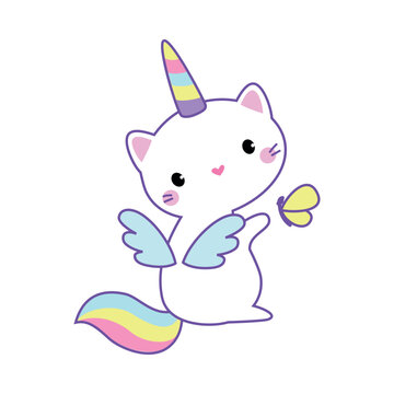 Cat Unicorn Character with Rainbow Tail and Horn Vector Illustration