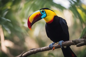 Obraz premium colorful toucan beak portrait bird amazon america brazil brazilian colours colourful curious domestic expression eye fly funny green head look mouth ornithology park parrot south tongue wild wildlife