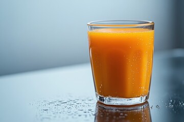 glass of carrot juice sits on a table in a minimalist style