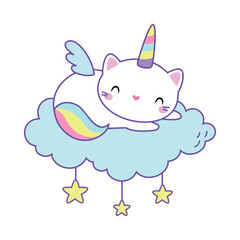 Cat Unicorn Character with Rainbow Tail and Horn Vector Illustration