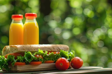 School lunch box with tasty sandwiches, fruits and bottle of orange juice