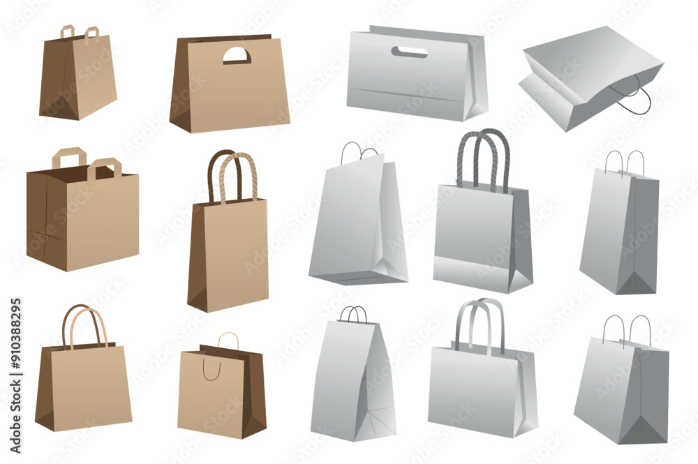 Aufkleber shopping bag mega set realistic elements in flat graphic design. bundle objects of blank brown and w