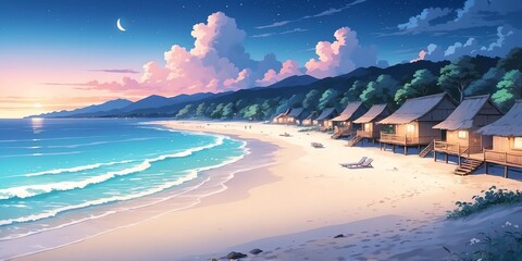 Soft pastel style anime casual night rural beach scene for background