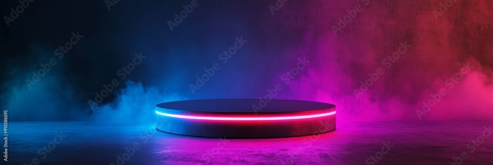 Poster neon glow podium with smoke effect for product display - a futuristic product display with a circula