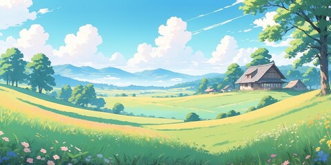 Fototapeta premium Soft pastel style anime casual morning rural meadows scene for background