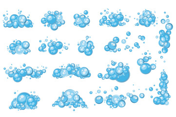 Blue soap bubbles mega set elements in flat graphic design. Bundle objects of different shape balls compositions with bath foams, foamy suds of shampoo or shower gel products. Vector illustration.