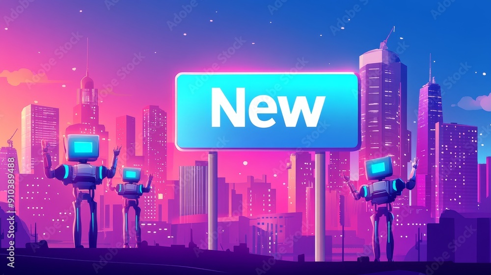 Poster robots welcoming new technology in futuristic cityscape - three robots stand in a futuristic citysca