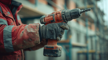 Construction worker with electric drill at construction site