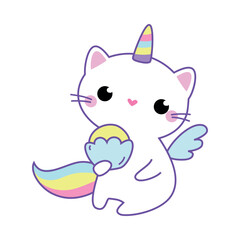 Cat Unicorn Character with Rainbow Tail and Horn Vector Illustration