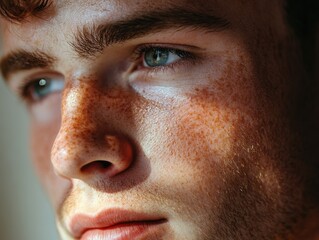 A close-up view of a man's face showing his freckles, suitable for use in personal or professional projects where a natural, human subject is needed