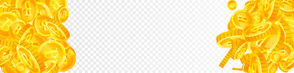 Bitcoin coins falling. Cryptocurrency scattered