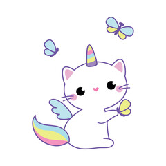 Cat Unicorn Character with Rainbow Tail and Horn Vector Illustration