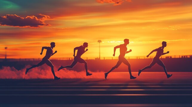 Silhouettes of Runners at Sunset, Striving for Success - Four runners sprint across a track at sunset, symbolizing ambition, perseverance, competition, teamwork, and achievement.