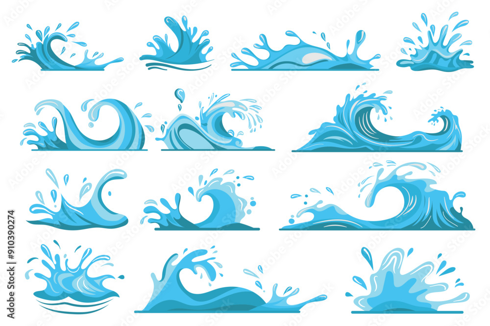 Poster Water splash mega set elements in flat graphic design. Bundle objects of blue cartoon spraying and pouring waves, aqua streams with droplets, ripple puddles, swirl fountain forms. Vector illustration.