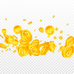 Russian ruble coins falling. Scattered gold RUB