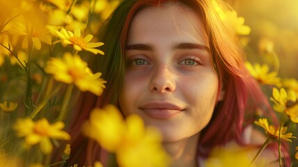 Fototapeta premium A realistic close up of a stunning young woman with green hair and red highlights standing in front of a sea of yellow flowers. The warm, golden light highlights her radiant hair