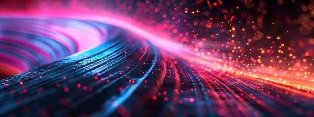 Futuristic digital ribbon with neon lights in a dark space.