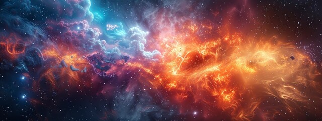 Fototapeta premium Cosmic explosion with colorful particles and floating numbers in outer space.