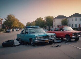 Fototapeta premium Two vehicles have collided in an incident on a quiet neighborhood street, causing concern and chaos