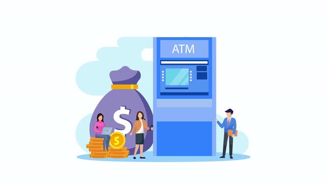 automatic withdrawal, atm machine, finance 2d video animation 4k clip
