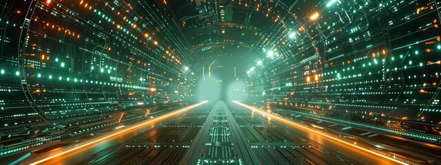 Obraz premium Futuristic data node with illuminated lines and circuits in a high-tech environment.