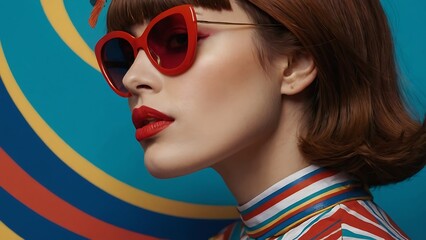 Woman with red hat and sunglasses, vintage 1960s fashion model studio portrait with colorful pop background, sixties style