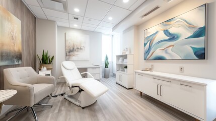 The interior of a modern medical aesthetics clinic with a treatment chair, storage cabinets, artwork on the walls, and a plant in the corner.