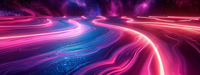 Swirling neon light ribbon in a dark space environment.