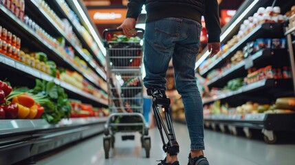 A person with a prosthetic limb shopping in a grocery store. disabled young man. Accessibility and Inclusion in Everyday Life concept.