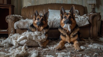 Two German Shepherds Sitting in Front of a Torn Up Couch - Two German Shepherds, one with a ripped up pillow in its mouth, sit in front of a couch that has been torn up. The dogs look mischievous and 