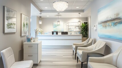 Waiting room with white leather chairs and blue painting on the wall