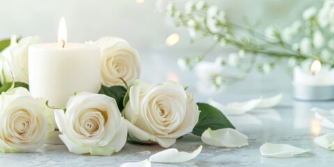 Obraz premium white candle, white roses, copy space 