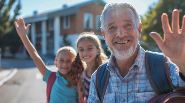 A cheerful grandfather greets his smiling granddaughters outside their home in warm sunlight