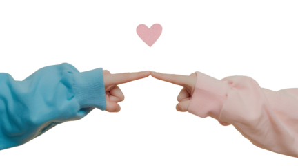 Two people point their fingers at each other under a pink glitter heart. Concept of love and connection between the two people