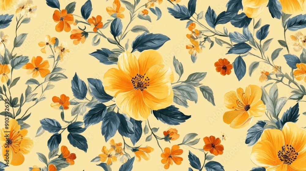 Poster yellow floral pattern seamless repeat design - a delicate and intricate yellow floral pattern with a