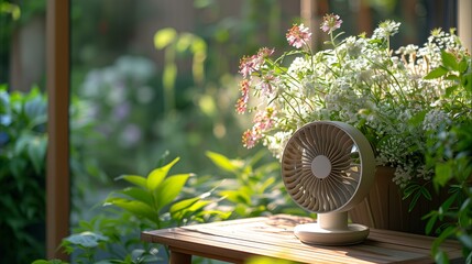 A Gentle Breeze Generated by Desk Fan Amidst Blooming Garden Flowers in Sunlit Afternoon