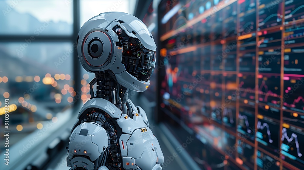 Poster advanced robotic figure analyzing financial data in high-tech office environment at dusk
