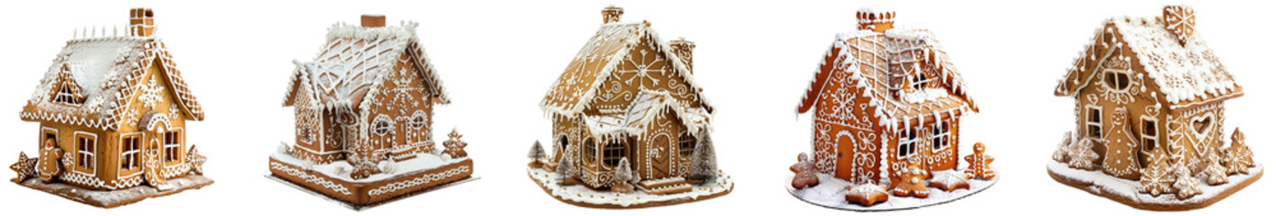 Pack of Snowflake gingerbread house set isolated on transparent background