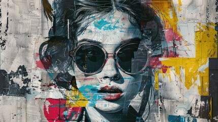 Artistic urban collage portrait of a woman with sunglasses, ideal for modern art blogs and creative advertising campaigns
