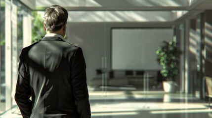 back of businessman in suit with business office glass