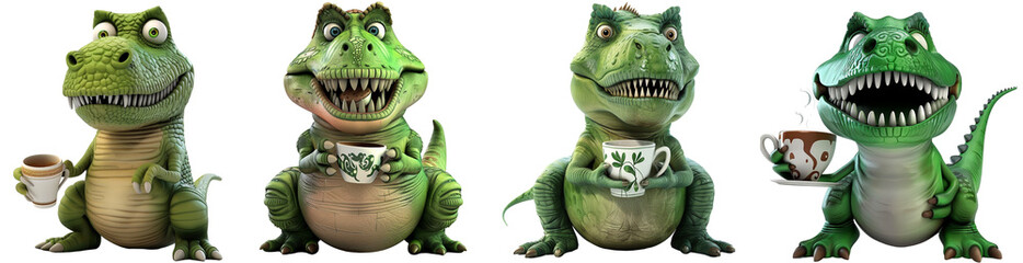 Pack of Tea-Loving Green T-Rex Cartoon set