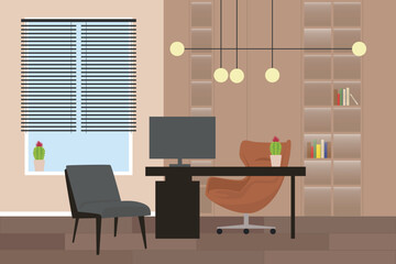 Vector illustration of a modern office room. Cartoon scene of a beautiful room with a table, a computer, cacti, an armchair, a chair, a cabinet with books on the shelves, a window with blinds, lamps.