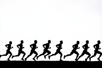 silhouette of a group of runners running together, white background, isolated, race pack, race group