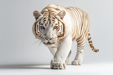 Obraz premium A majestic white tiger with striking blue eyes walks confidently towards the camera on a white background.